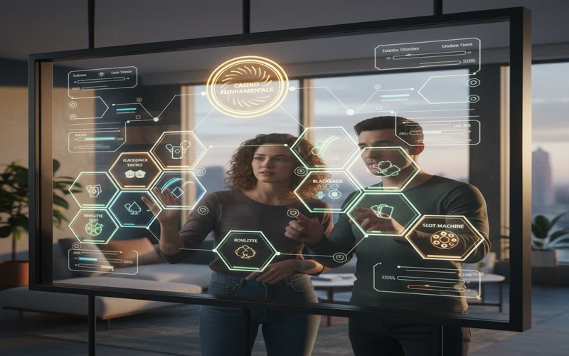 Interactive casino learning dashboard showing modular lesson structure with progress tracking