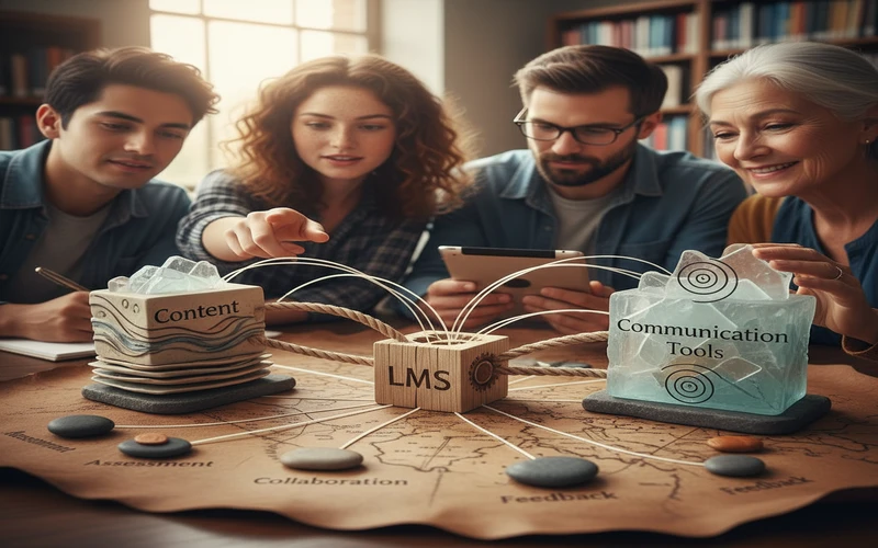 Diagram showing interconnected components of digital learning including LMS, content, and communication tools