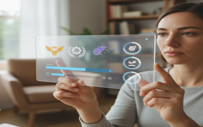 Educational interface displaying achievement badges, progress bars, and skill level indicators