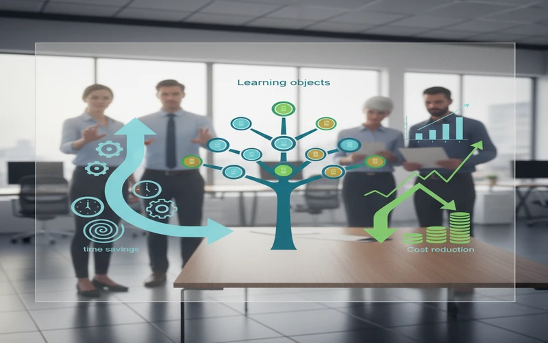 Infographic showing efficiency gains from reusable learning objects including time savings and cost reduction