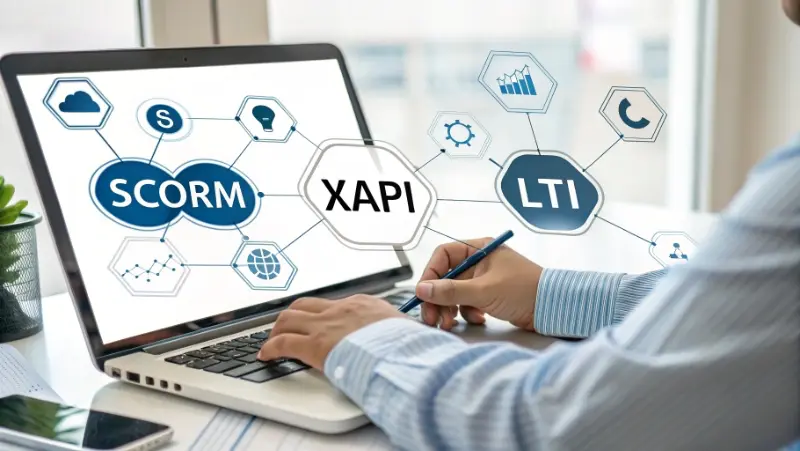 Visual representation of SCORM, xAPI and LTI standards integration with learning management systems